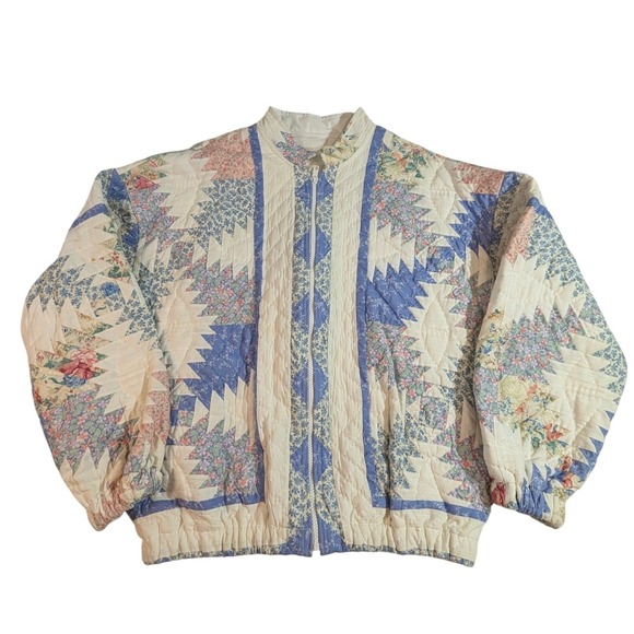 Vintage Quilted Floral Zip Jacket – Women's Large Blue White Pastel - Picture 2 of 11